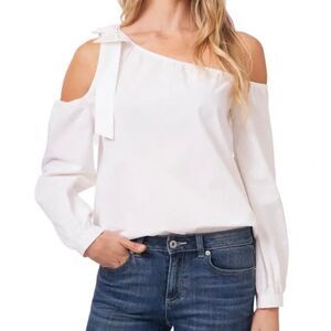 CECE One-shoulder Cold-shoulder Cotton Blouse In Soft Ecru Small MSRP $89